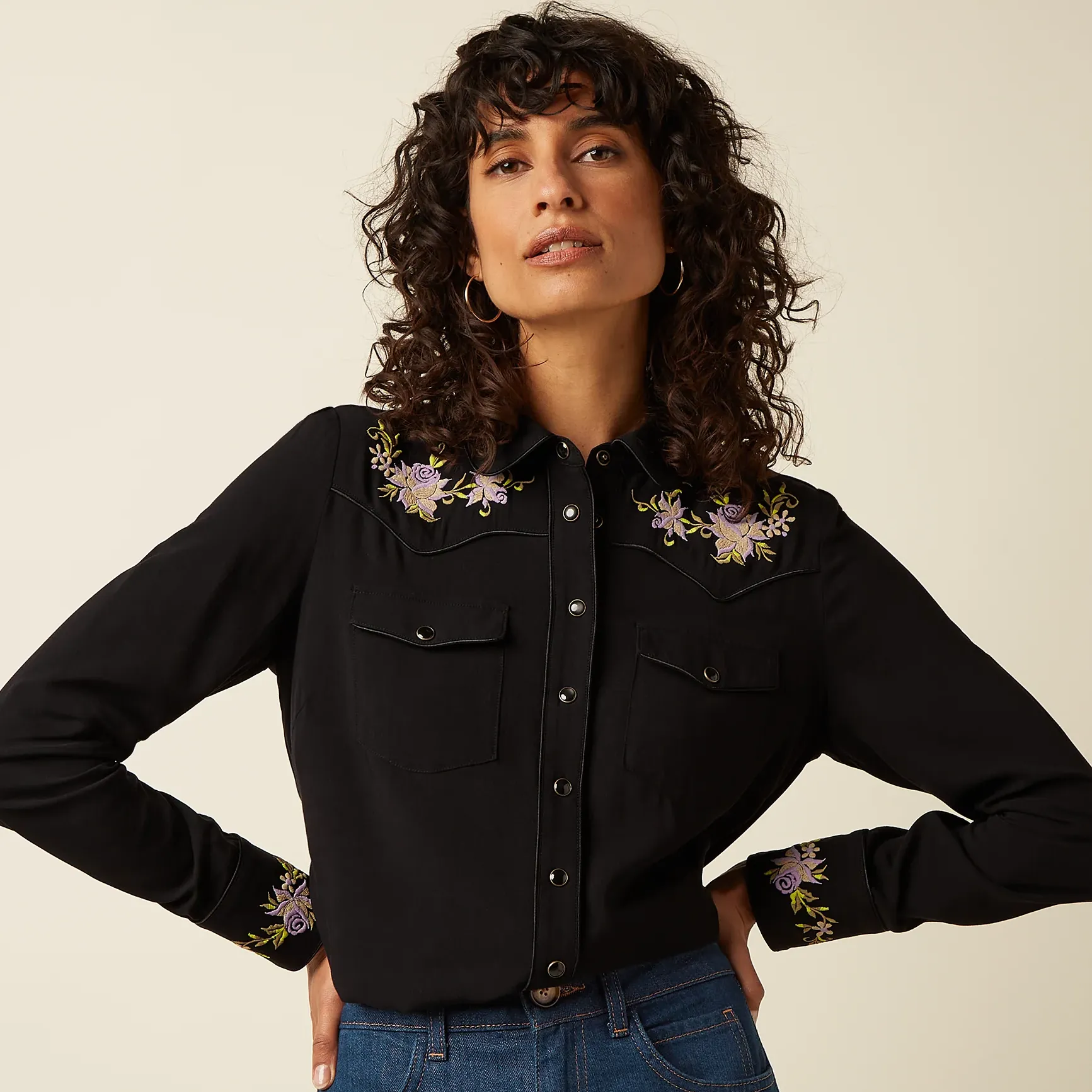 Camisa King Louie Western Blouse Rosetta Embroidery Black