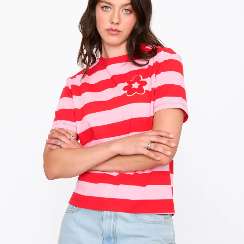 Camiseta Rayas 24Colours Flor 3D Pink