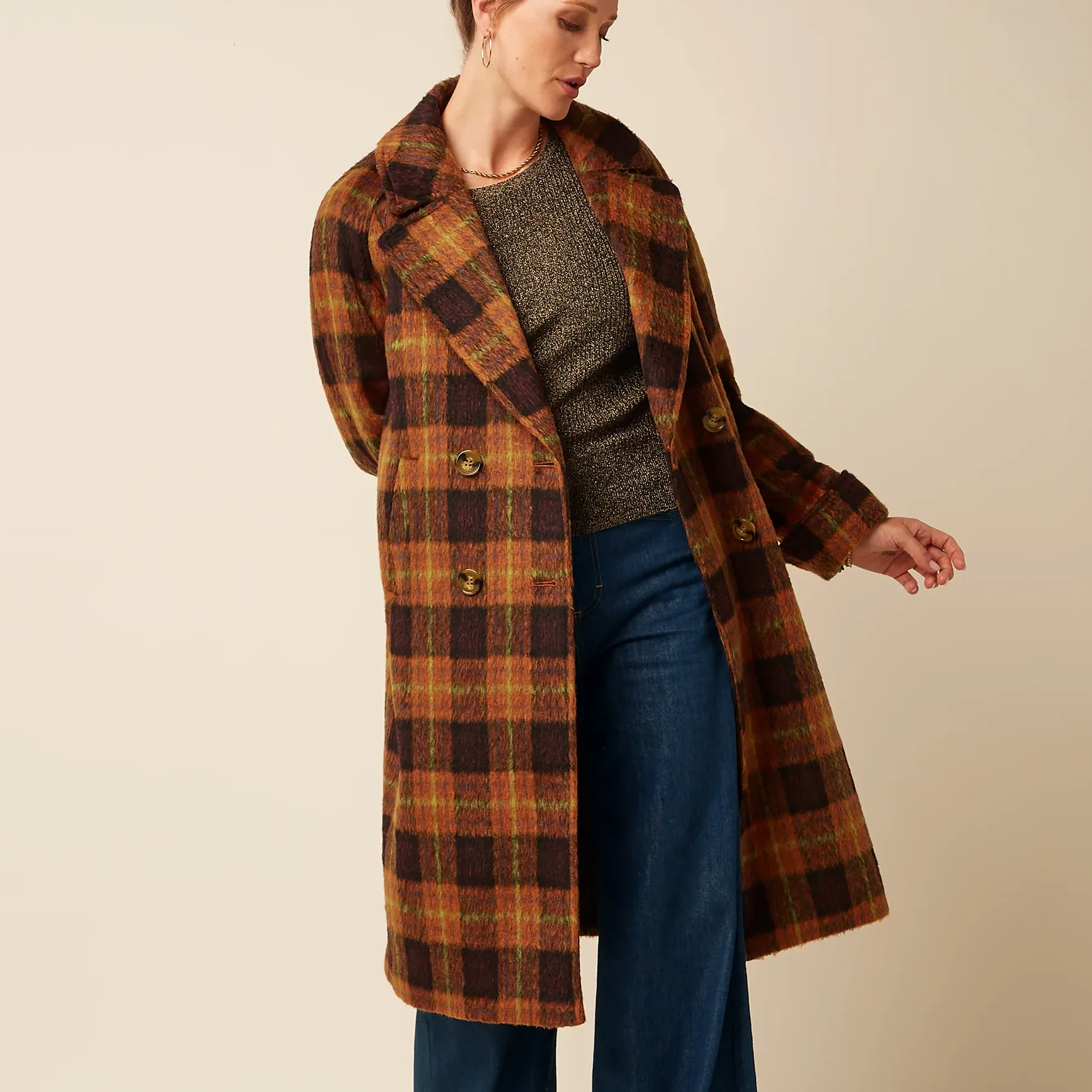 Abrigo King Louie Amelie Coat Aloha Check Spicy Brown