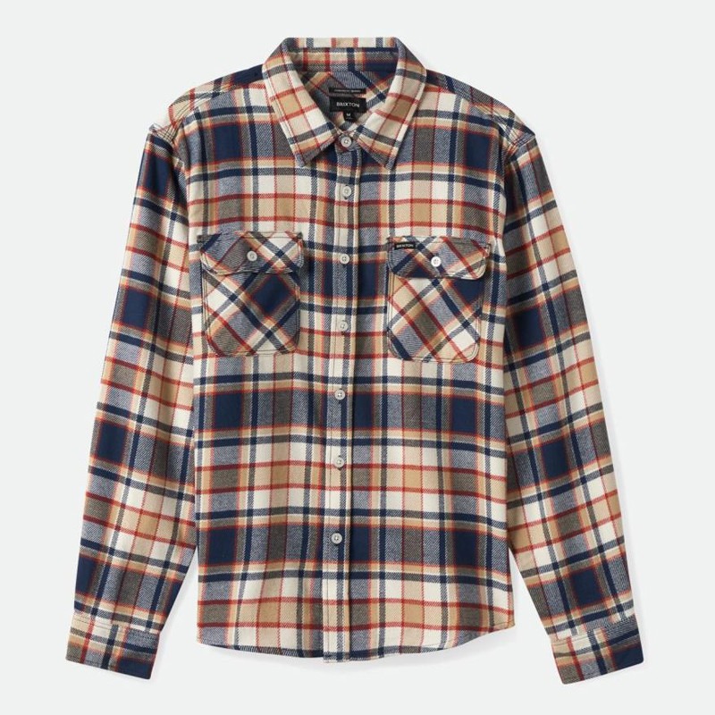 Camisa Brixton Bowery Flannel Washed Navy Barn Red Off White
