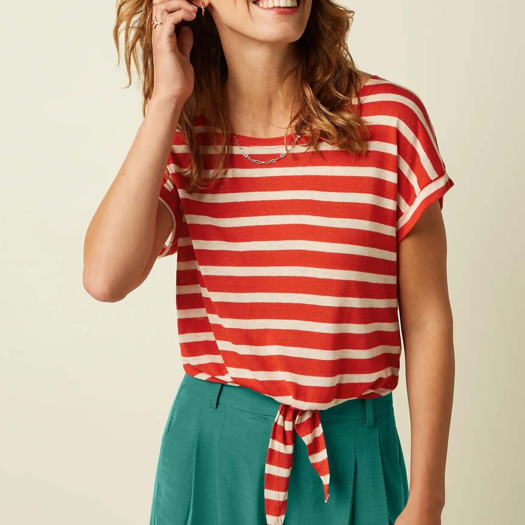Camiseta King Louie Aria Knot Shirt Marsy Linen Stripe Sun Orange