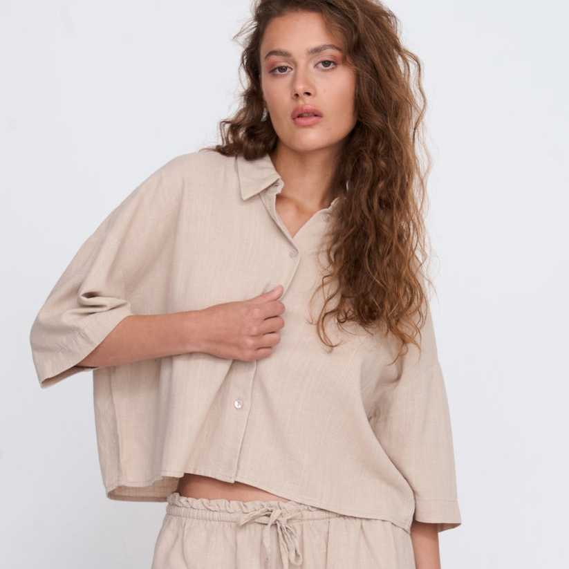 Camisa 24Colours Mezcla Viscosa Y Lino Beige